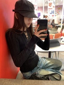 加州艺术学院复古设计收腰修身针织毛衣，女士款，可叠穿，冬季黑色春季款 - 黑色 - 查看 7