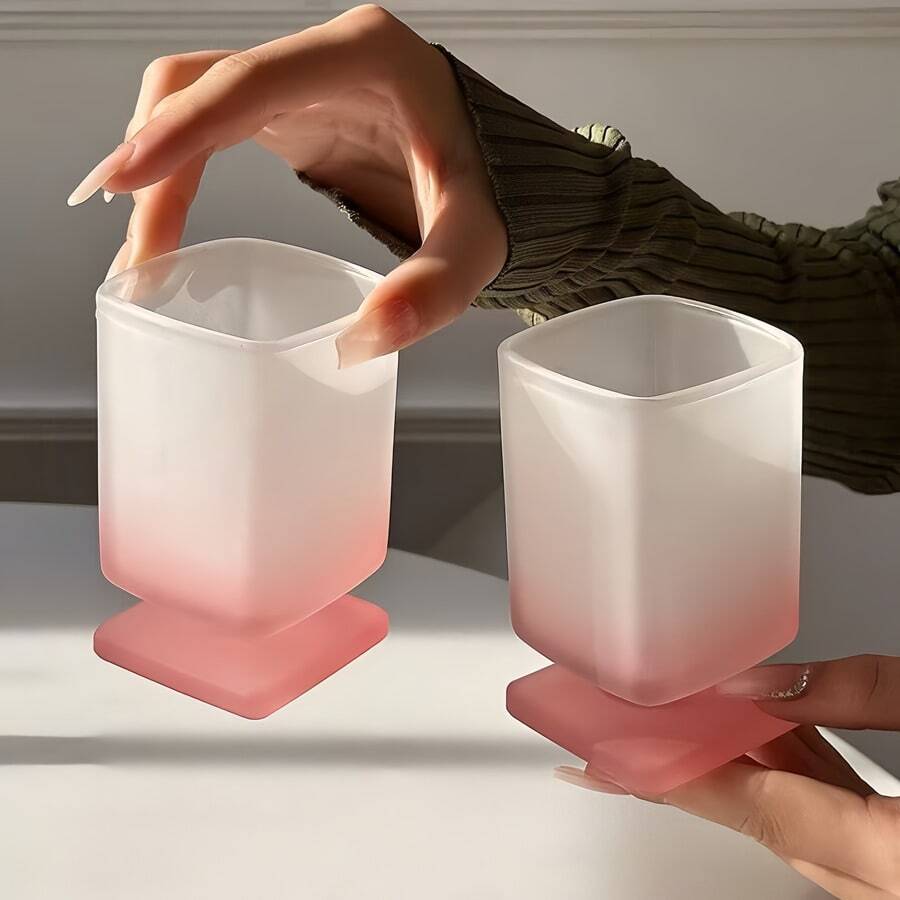 1 pieza Taza de vidrio rosa degradado, vaso de tallo cuadrado, taza blanca esmerilada con degradado, adecuada para vino, bebida, agua, café, taza de vidrio moderna para el hogar, bar, restaurante - Multicolor - Ver 1
