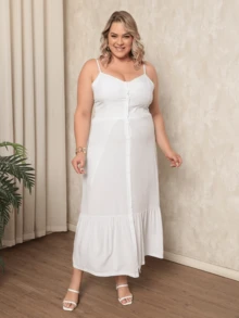 Women's Plus Size Long Dress In Plain Viscose With Padded Bra, Adjustable Straps And Front Buttons - White - View 4