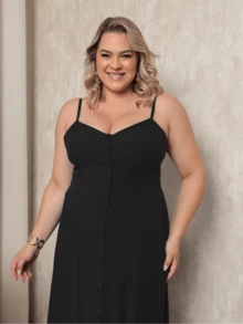 Women's Plus Size Long Dress In Plain Viscose With Padded Bra, Adjustable Straps And Front Buttons - Black - View 4