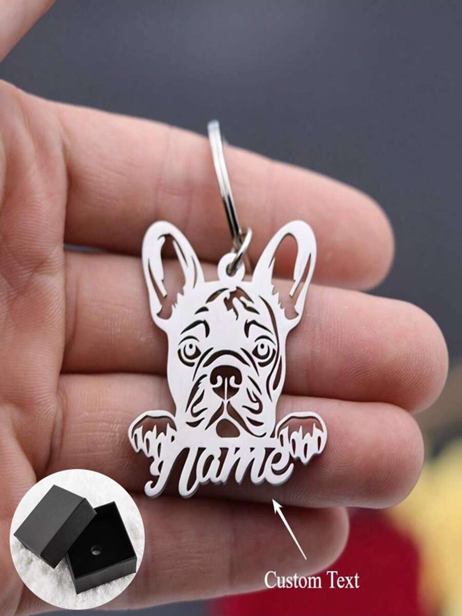 1pc Personalized French Bulldog Stainless Steel Keychain - Customizable Name Engraving, Dog-Shaped Design For Men, Ideal For Valentine's Day, Father's Day, Graduation, Halloween, Christmas Gifts - Multicolor - View 1