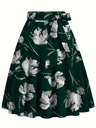 女士花卉印花打结腰部优雅中长裙，适合度假