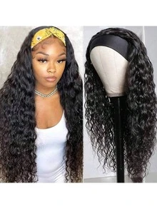 Wet And Wavy Headband Wigs Blended Human Hair Brazilian Virgin Hair Water Wave Headband Synthetic Hair Wigs For Black Women 200% Density Glueless Non Lace Front Wigs Half Wig With Headband Curly Hair Band Wig 18inch - Natural & Black - View 3