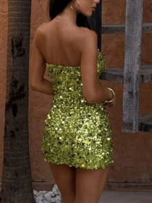 Women's Sequin Strapless Mini Dress Cutout Front Bodycon Glitter Party Club Evening Gown - màu xanh lá - Xem 3