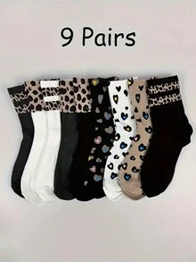9 Pairs Women Leopard Print Crew Socks, Fall - Multicolor - View 8