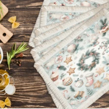 1 pièce Napperon imprimé avec motif d'éléments de Noël, décoration de Noël, tapis de table à franges en lin lavable, décoration d'intérieur, vaisselle, cuisine, fête d'intérieur/extérieur, cadeau idéal