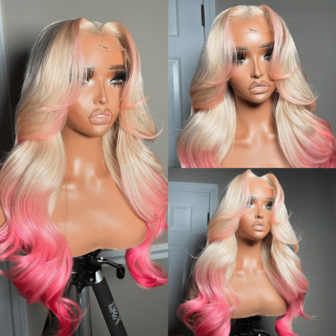 13x4 613 Blonde Wig Pink Skunk Stripe Blonde Wig Body Wave Curly Wave Wig Heat Resistant Fiber Free Part Lace Wig High Density Glueless Synthetic Lace Front Wigs For Fashion Women 28 Inch