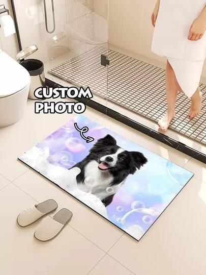 1PC Custom Pet Portrait Diatomite Bath Mat – Upload Dog/Cat Photo, Quick-Dry Non-Slip Bathroom Rug, Cute Bubble Print, Holiday Housewarming Gift For Christmas, Halloween, New Year, Pet Birthday & Bathroom Decor
