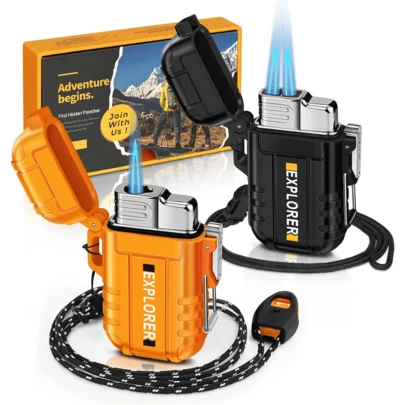 2 Pack Of Gas Torch Lighters, Single & Dual Jet Flame Lighters, Windproof, Waterproof, Butane Gas Refillable Lighters Multipack For Candle, Camping, Outdoor Adventure (NO Gas)