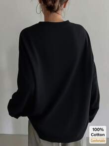女士棉质长袖 T 恤，宽松中长款黑色上衣，分层 T 恤，时尚秋冬