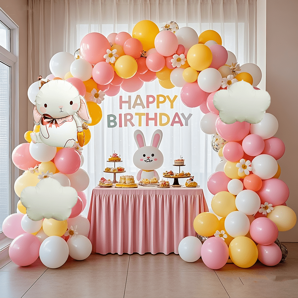141pcs Birthday Party Balloon Wreath Arch Kit, 10/5-Inch Pink, Yellow, White Latex Balloons With Rabbit, Cloud Aluminum Foil Balloons, Suitable For Birthdays, Rabbit Party Decorations