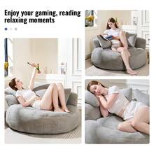 Giant Bean Bag Chair For Adults, Teddy Fabric Upholstered Loveseat Lazy Sofa With Storage Pocket And High-Density Memory Foam Padding, For Home Office, Living Room, Bedroom, Apartment, No Assembly Needed - Xám - Xem 6