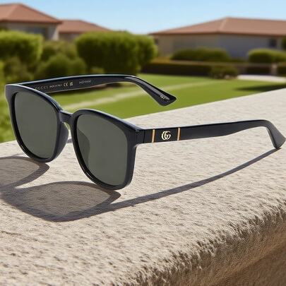  一副 Gucci 时尚眼镜，侧面带有双 G 字母，黑色方形镜框采用注塑成型工艺，适合户外活动、旅行和郊游。