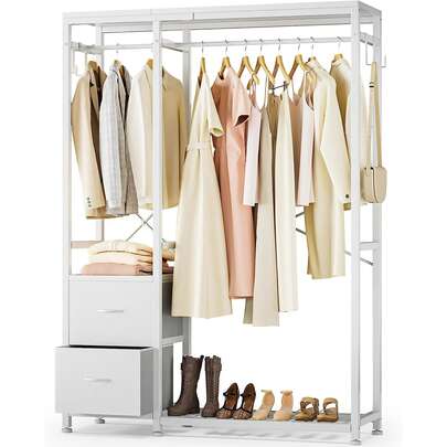 GIKPAL Cloth Rack, 72.8''H Heavy Duty Garment Rack For Clothing Storage With Shelves Clothing Rack With 2 Drawers, 4 Hooks, 2 Hanging Rods Freestanding Closet Organizer, Spring, Minimalist, Summer Tops Clothing Racks Back To School Travel Essentials Room Decor, Home Decor, Bedroom Decor Storage Organization And Storage, White