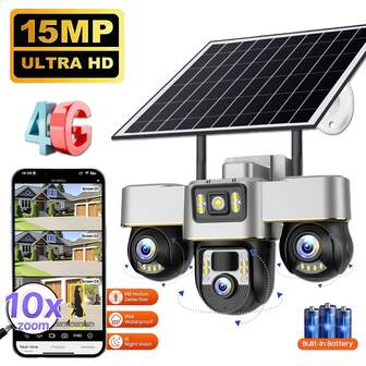 Kamera solarna V380 Pro 4G, 15 MP, potrójny obiektyw, potrójny ekran, kamera PTZ, dwukierunkowy dźwięk, zewnętrzna, wbudowana bateria, kamera CCTV HD IP, zewnętrzne i wewnętrzne kamery bezpieczeństwa 4G, bezprzewodowe kamery 4G, kamery IP, kamery PTZ, kamera pierścieniowa