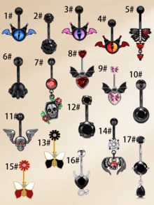 1 件装时尚不锈钢万圣节肚脐环，适合女士，14G 黑色蝙蝠骷髅肚脐环，红色方晶锆石肚脐穿孔饰品肚脐环，适合万圣节 - 肚環 - 查看 3