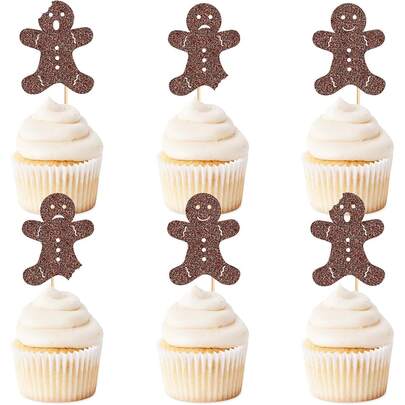 24 pezzi Decorazioni per cupcake di Natale a forma di pan di zenzero marrone, tema natalizio per festa di rivelazione del sesso, decorazioni per torta di compleanno di Natale