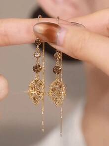 1 对奢华闪亮方晶锆石水晶叶吊坠耳环，优雅时尚女士耳环 - 咖啡棕 - 查看 4