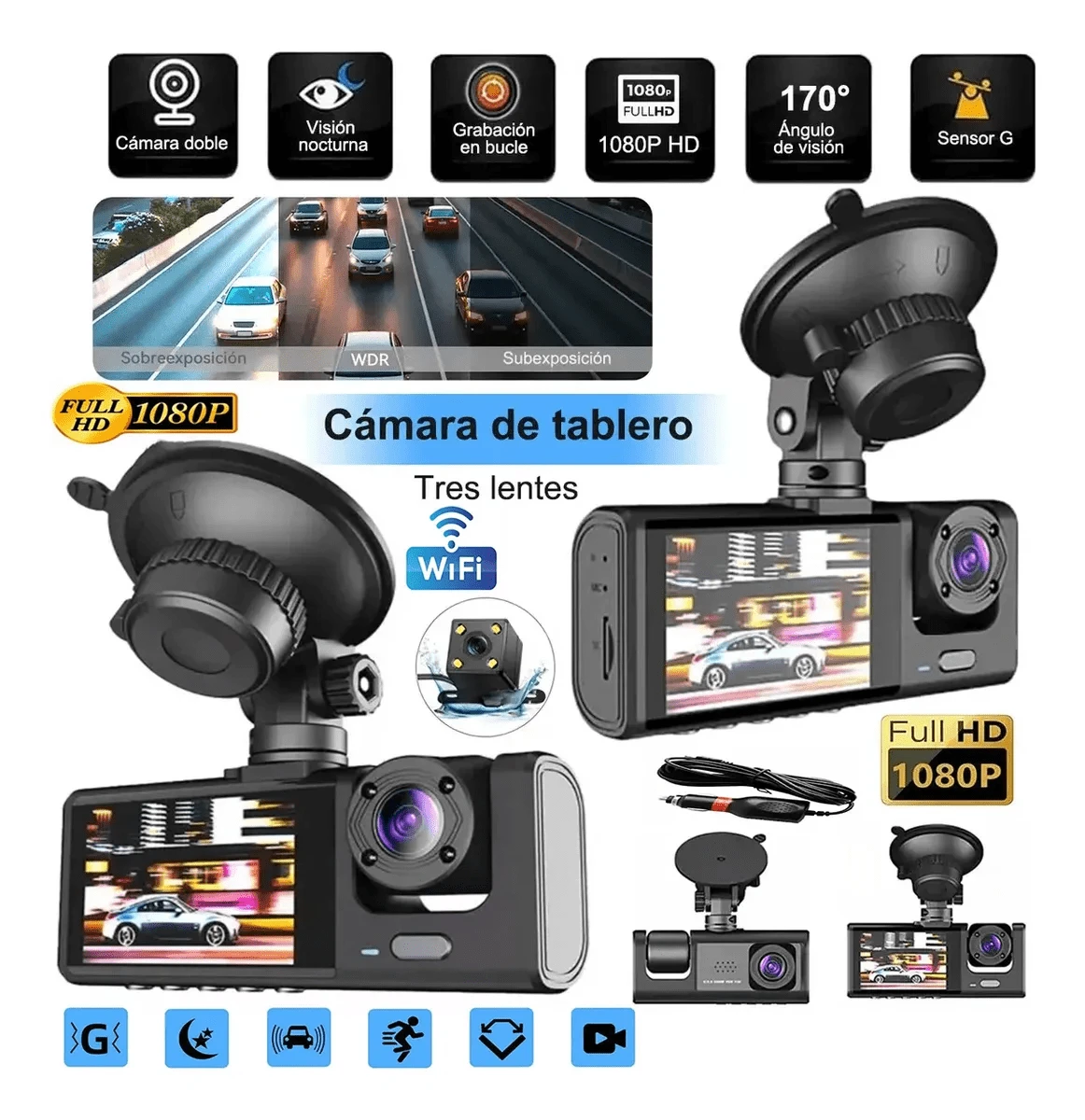 Cámara de Tablero 1080P + Cámara Trasera para Auto/Camión | Monitoreo Vehicular + Conexión WiFi + Visualización App | Repuestos para Autos - Negro - Ver 1