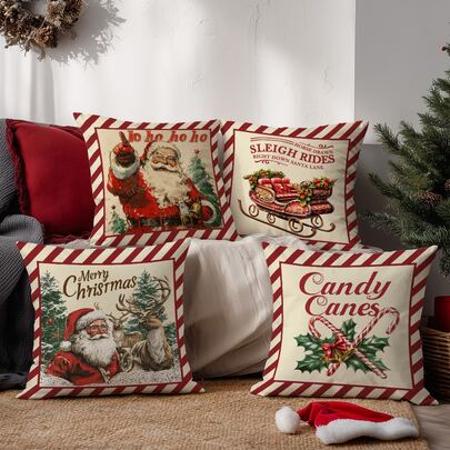 4pcs Christmas Vintage Santa Claus & Reindeer Pillow Cover Set, Single-Sided Printed Coral Fleece Polyester Material, 45*45/50*50/40*40CM Cushion Cover For Modern Fabric Sofa Indoor Decor, Party Decoration, Gift