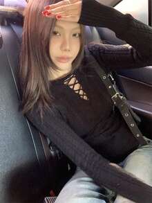 加州艺术学院复古设计收腰修身针织毛衣，女士款，可叠穿，冬季黑色春季款 - 黑色 - 查看 2