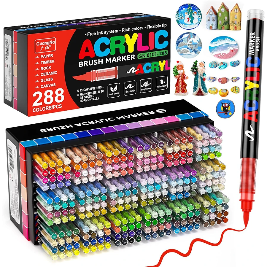 GuangNa 288色丙烯颜料马克笔，软毛笔头，水性墨水，自动上墨系统，无异味，防水，速干，适用于岩石彩绘、画布、木材、鸡蛋和DIY工艺品。