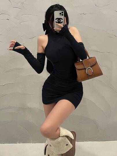 Primavera Sexy Cuello Alto Vestido Spice Girl Sweet Spice Tight Pure Desire Wind Hanging Neck Wrap Hip Skirt Female