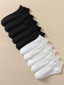 10pairs Women Solid Ruffle Trim Casual Socks For Daily Life, Fall - Black and White - View 6