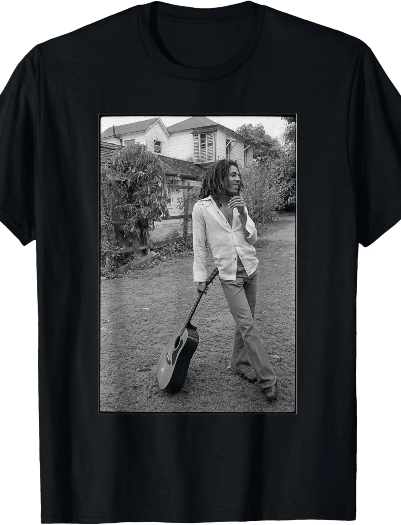 Bob Marley X David Burnett Black & White Guitar Photo T-Shirt.Png - 黑色 - 查看 1