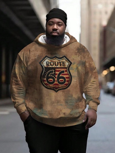"ROUTE" Letter Print Men's Long Sleeve Sweatshirt, Autumn/Winter Numeric "66" Outdoor Fitness Sports Long Sleeve Pullover Sweatshirt Casual Vintage Plus Size Men's Hooded Sweatshirt, Autumn/Winter