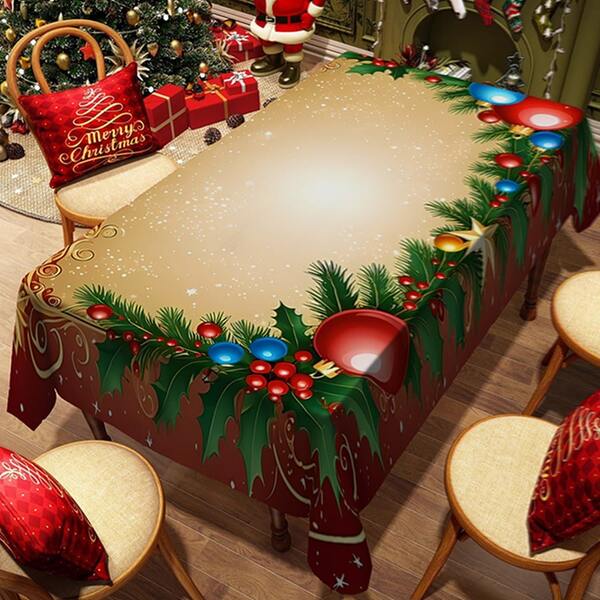 1/20pcs Christmas Tablecloth, Balloon And Berry Pattern Print Design, Elegant Polyester Fabric, Easy To Clean, Perfect For Table, Party And Holiday Decorations, Rectangular Shape, Christmas Decorations