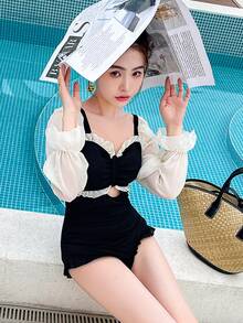 Traje de baño de las mujeres de una sola pieza sexy de manga larga del vientre delgado traje de baño de aguas termales - Negro - Ver 5