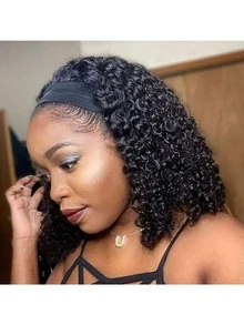 180 Density None Lace Front Curly Wave Headband Wig Wear And Go Wig Black Headband Wig Deep Wave Wigs For Women Glueless None Lace Front Deep Curly Wig Brazilian Put On & Go Wig Machine Made Human Hair Headband Half Wig Natural Color - Natural & Black - View 3