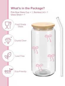 1 Set Of 16 Ounces Transparent Cups (With Lids And Straws) With Blue/Pink Bow Design, Large Capacity Cups, Portable Glass Cups, Suitable For Travel And Outdoor, Juice Drink Cups, Exquisite Milk Cups, High-End Coffee Cups, Suitable For Autumn, Winter, Summer, Christmas, Holidays As Gifts For Family And Friends, Back To School Season, Bow Coffee Cups, Beverage Cups