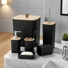 6pcs Luxury Minimalist Wooden Bathroom Set | Essential Housewarming Gift | Includes Toothbrush Holder, Trash Can, Soap Dispenser, Toilet Brush Holder, Soap Dish, Tumbler | Reusable Bathroom Accessories