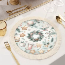 1 pièce Napperon imprimé avec motif d'éléments de Noël, décoration de Noël, tapis de table à franges en lin lavable, décoration d'intérieur, vaisselle, cuisine, fête d'intérieur/extérieur, cadeau idéal