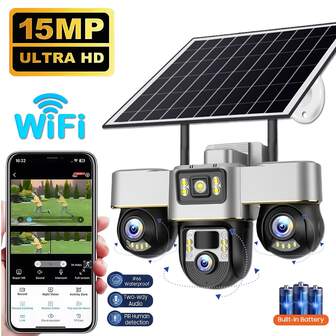 Kamera IP WiFi Solar WiFi CCTV 15 MP, trzy kamery PTZ, trzy obiektywy, potrójny ekran PTZ, automatyczne śledzenie 6K, kamera Curious Security Surveillance V380 Pro, zewnętrzne i wewnętrzne kamery bezpieczeństwa WiFi, bezprzewodowe kamery WiFi, kamery IP, kamery PTZ, kamera pierścieniowa, kamery bez monitoringu, kamery CCTV, kamera do zwierząt domowych, inteligentne zewnętrzne i wewnętrzne kamery monitoringu IP PTZ, automatyczne śledzenie