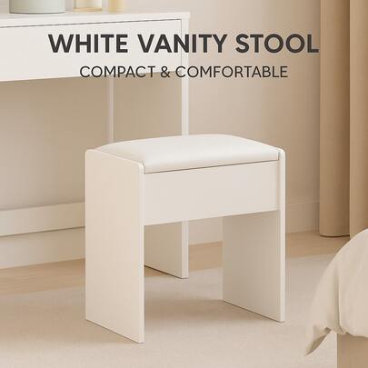 White Padded Vanity Stool • Compact Makeup Bench For Bedroom & Dorm