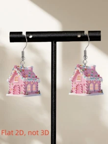 Brincos com pingente de casa de neve rosa 2D, fofos e charmosos, design impresso em acrílico plano frente e verso, modernos e leves, adequados para uso diário e festas femininos, ótimo presente para Halloween, Natal, Dia dos Namorados, Dia das Mães