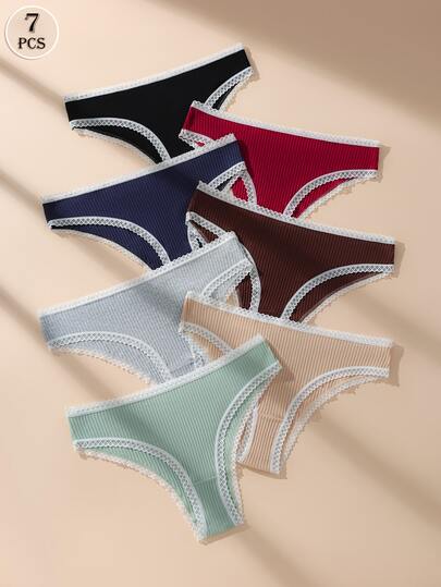 7pcs Women's Lace Trim Elastic Waist Breathable Comfort Bikini Panties, Ladies Underwear