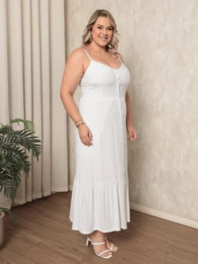 Women's Plus Size Long Dress In Plain Viscose With Padded Bra, Adjustable Straps And Front Buttons - White - View 1
