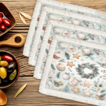 1 pièce Napperon imprimé avec motif d'éléments de Noël, décoration de Noël, tapis de table à franges en lin lavable, décoration d'intérieur, vaisselle, cuisine, fête d'intérieur/extérieur, cadeau idéal
