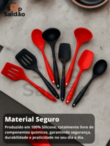 Kit 2 Peças Utensílios de Cozinha de Silicone Concha Reforçada e Colher de Arroz Proteja suas Panelas Disponível nas Cores Preto e Vermelho - Vermelho - Visão 5