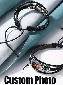 1pc Customized Photo Woven Bracelet, Vintage Synthetic Leather Bracelet, Adjustable, Suitable For Casual Wear, Friend/Classmate Gift, Couple Memento, Graduation, Thanksgiving, Christmas, Anniversary, Personalized Jewelry, Adjustable Bracelet, Vintage Bracelet, Durable Material, High-Quality Leather, Custom Photo Bracelet, Memorial Jewelry, Holiday Shopper, Couples's Gift - Style 9 - View 5