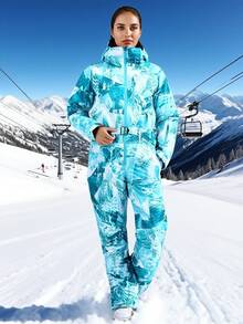 1 pieza Traje de esquí de una sola pieza para mujer con contraste de colores, mono de esquí deportivo, adecuado para actividades al aire libre, ropa de esquí para mujer, equipo de esquí de invierno, traje de una sola pieza para la nieve, estructura reforzada, equipo de esquí funcional, atuendos de esquí para la nieve - Verde - Ver 2