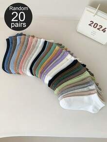 20 Pairs Random Solid Color Vertical Stripe Breathable Soft Versatile Women's Ankle Socks - Multicolor - View 6
