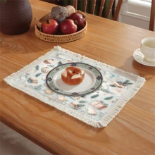 1 pièce Napperon imprimé avec motif d'éléments de Noël, décoration de Noël, tapis de table à franges en lin lavable, décoration d'intérieur, vaisselle, cuisine, fête d'intérieur/extérieur, cadeau idéal