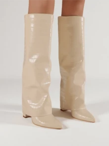 Women's Knee High Boots Fold Over Chunky High Heels Long Zipper Pointed Toe Boots Dress Fashion Winter Fall Boots For Women - Màu be - Xem 5