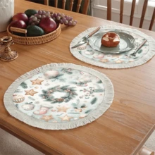 1 pièce Napperon imprimé avec motif d'éléments de Noël, décoration de Noël, tapis de table à franges en lin lavable, décoration d'intérieur, vaisselle, cuisine, fête d'intérieur/extérieur, cadeau idéal