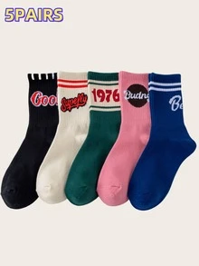 5pairs Mixed Letter & Numeric Print Casual Crew Socks For Women, Fall - Multicolor - View 10